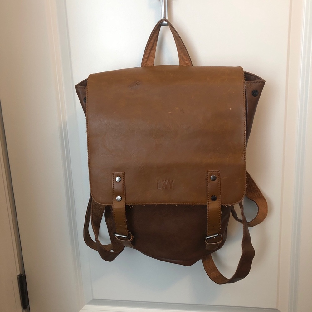 LXY Vegan Leather Boho Backpack Vintage Laptop Bookbag Brn about 14” x 14” x 4